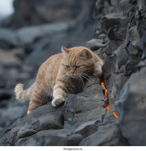 ginger cat walking on a lava rock