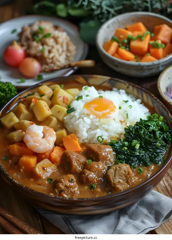 Japanese Curry Rice with Fried Egg, Shrimp, and Vegetables