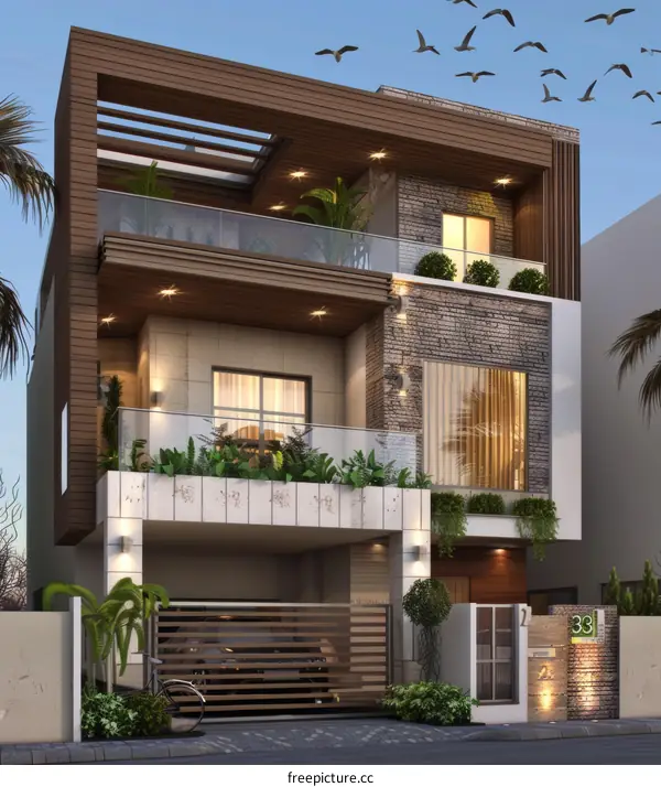 Modern Villa with Lush Palm Tree Garden