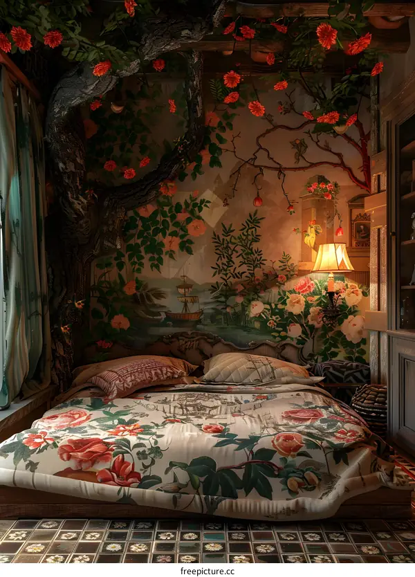 A bed with a floral canopy