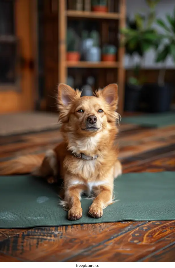 A cute brown chihuahua dog lying on a yoga mat