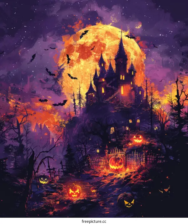 Haunted castle with pumpkins and bats under an ominous blood moon
