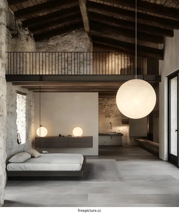 Modern Minimalist Loft Bedroom Design with Large Round Light Fixture