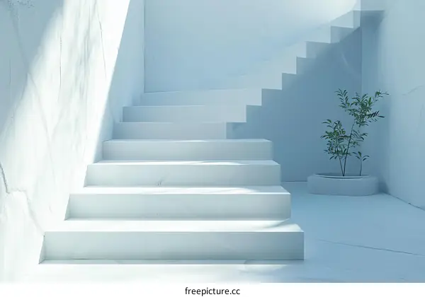 Blue minimalist staircase with potted plant
