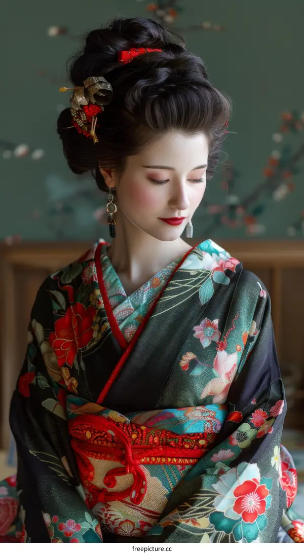 Portrait of a beautiful Japanese woman in traditional kimono