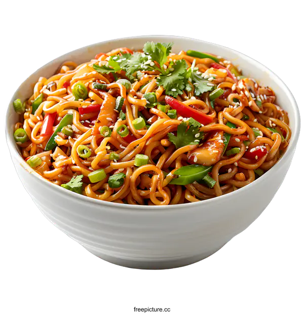 [Transparent Background PNG]Spicy Noodles with Vegetables in a White Bowl