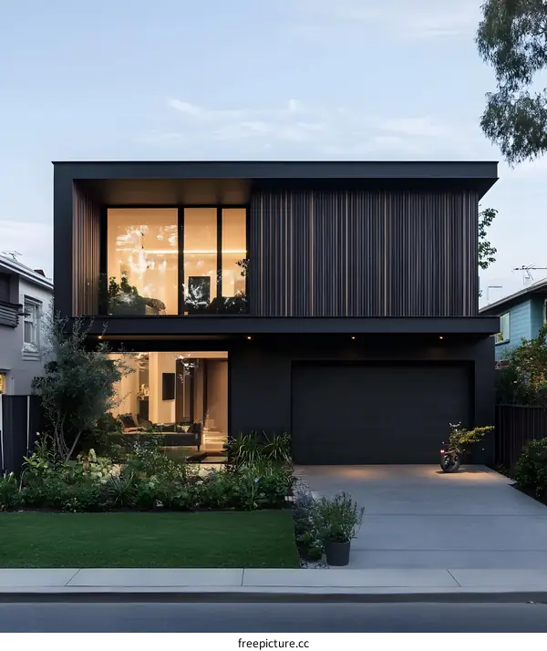 Modern Black House with Wooden Accents and Lush Greenery