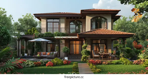 Luxury Villa with Red Roof and Garden