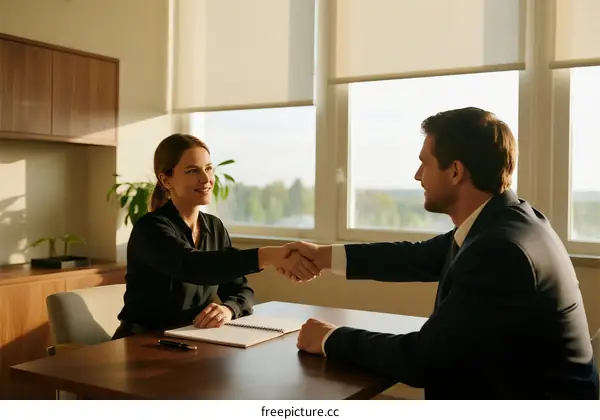 Two Business Professionals Shaking Hands in Modern Office