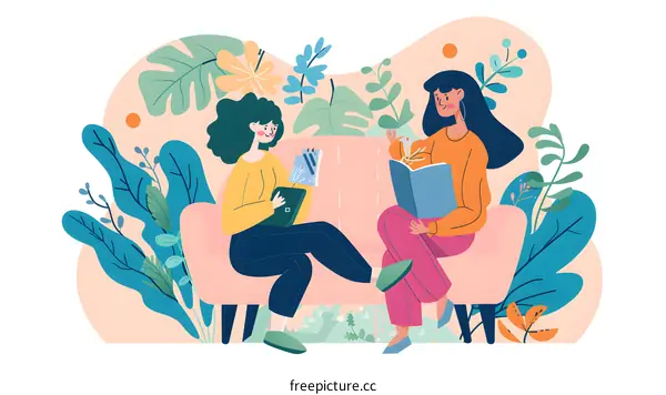 Two Women Sitting On A Sofa With A Book