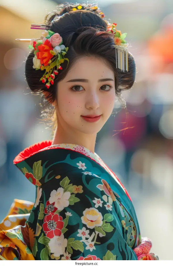 Portrait of a beautiful Japanese woman in traditional kimono