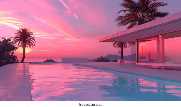 A beautiful sunset over the ocean with a palm tree and a house