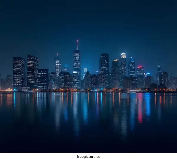 Nighttime Skyline of City with Reflections on Water