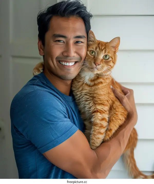 A smiling Asian man hugging an orange cat