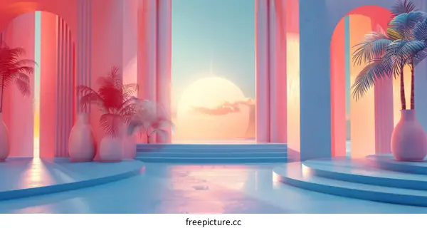 Pastel Pink and Blue Architectural Scene with Sunrise