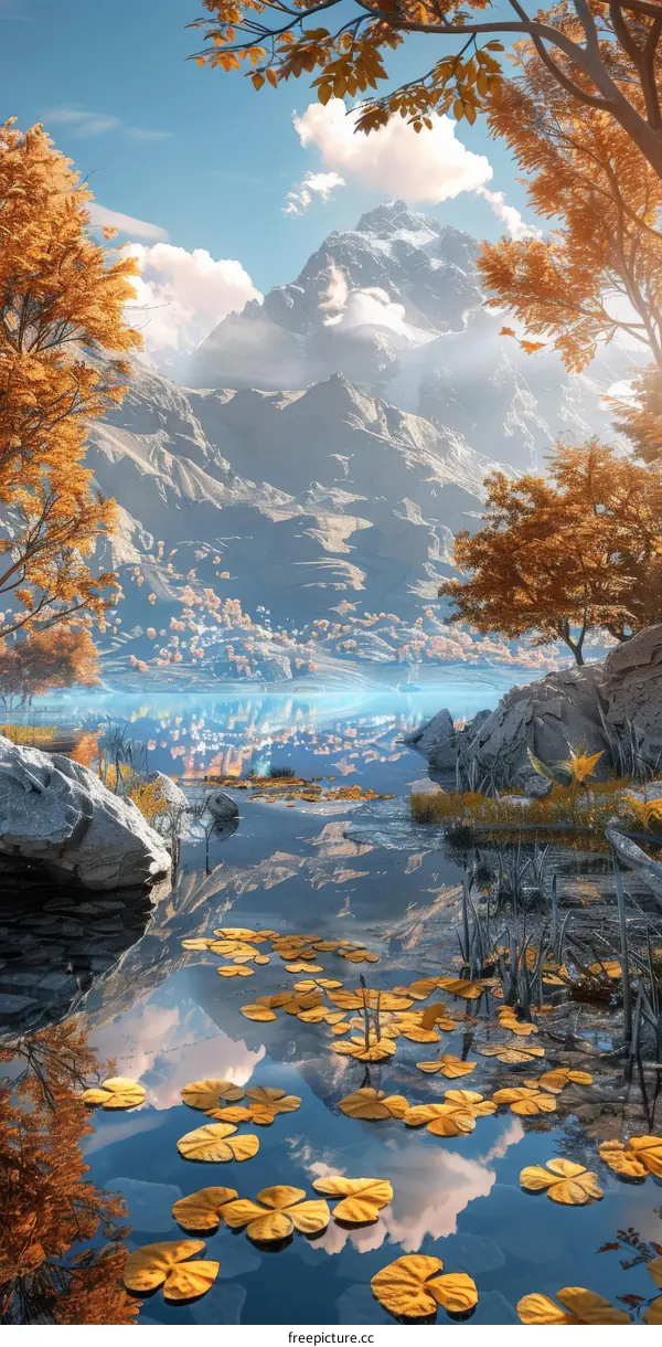 Scenic View of Mountains, Lake, and Autumn Foliage