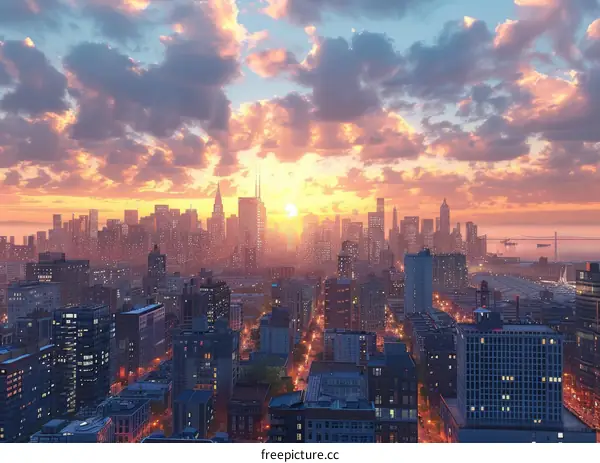 Sunrise over a Cityscape of Skyscrapers