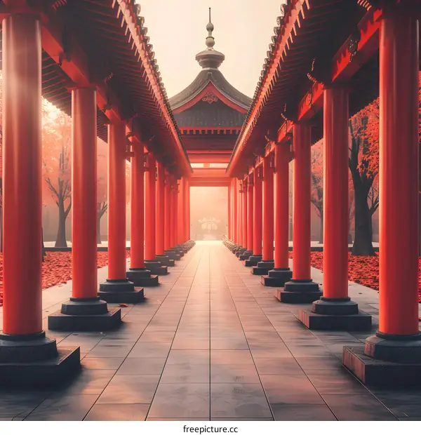 red oriental temple with autumn trees