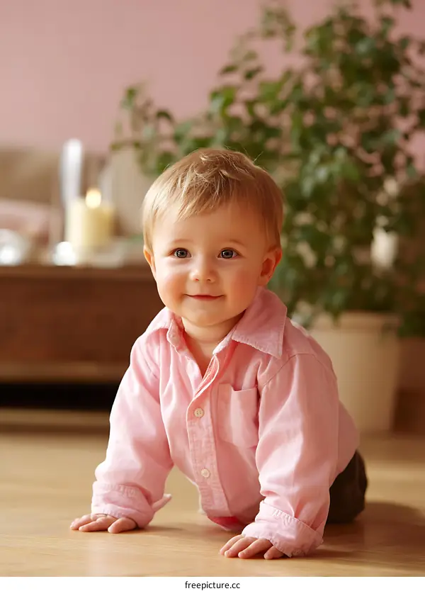Adorable Baby Crawling on Light Wood Floor