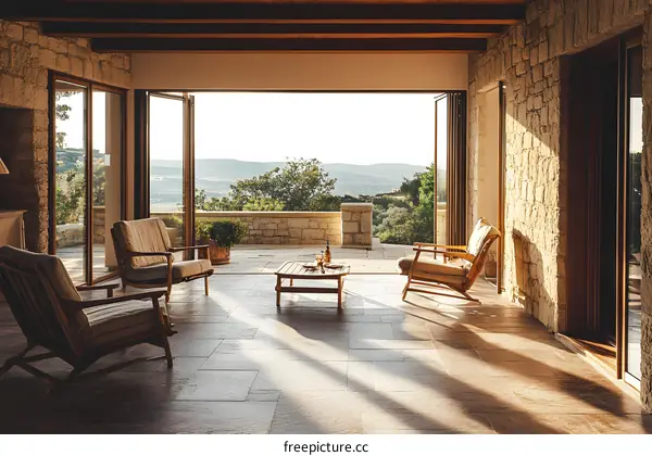 Modern House with Stone Walls and Folding Glass Doors Opening to a View of Mountains and Trees