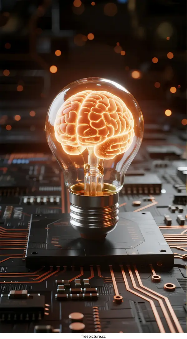 Human Brain in Light Bulb on Circuit Board