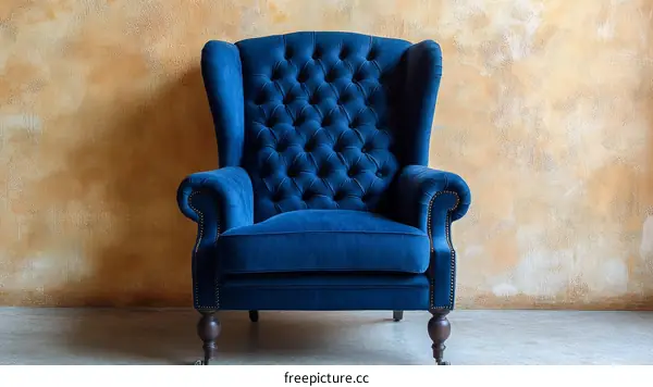 Elegant Dark Blue Wingback Chair Against a Warm-toned Wall