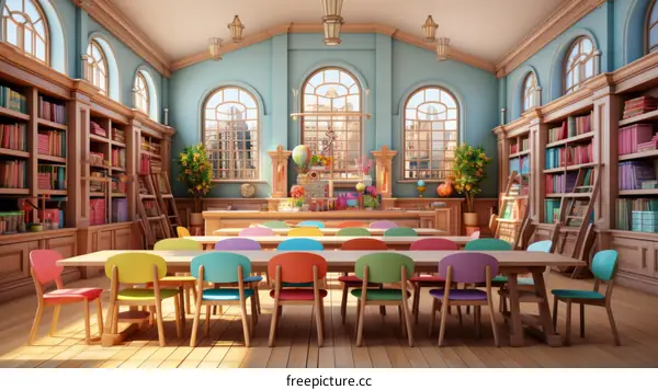 Classroom With Colorful Chairs And Desks