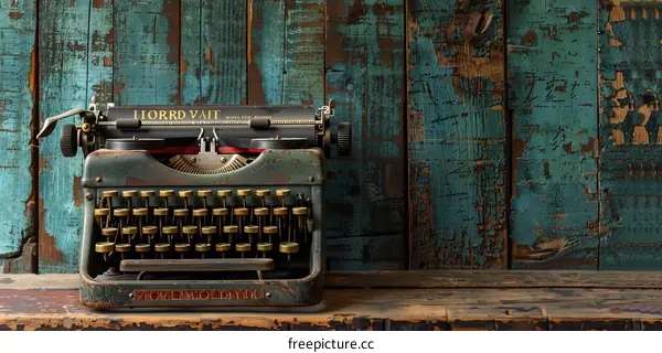 Vintage typewriter on a wooden table with a blue background