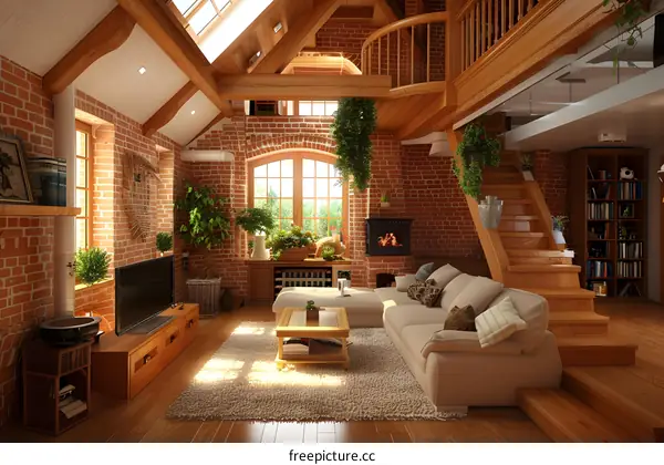 Modern Rustic Living Room with Exposed Brick Walls and Wooden Beams