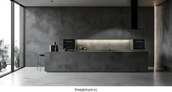 Modern Kitchen Interior Design With Concrete Walls And Island
