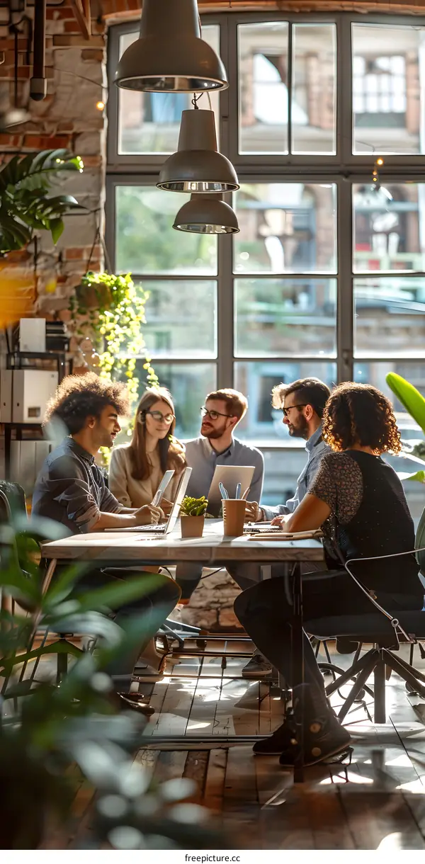 A group of people are sitting around a table having a meeting