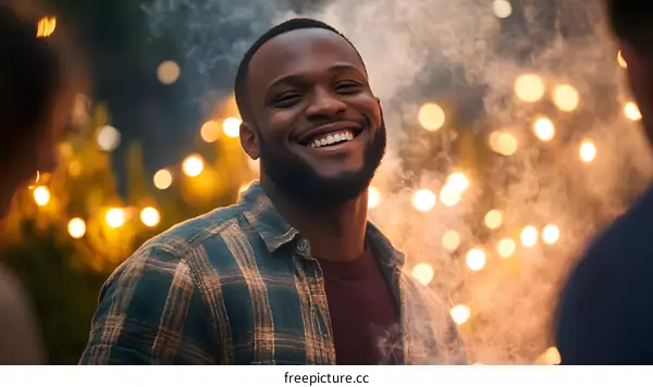 Smiling Man at a Night Gathering with Bokeh Lights