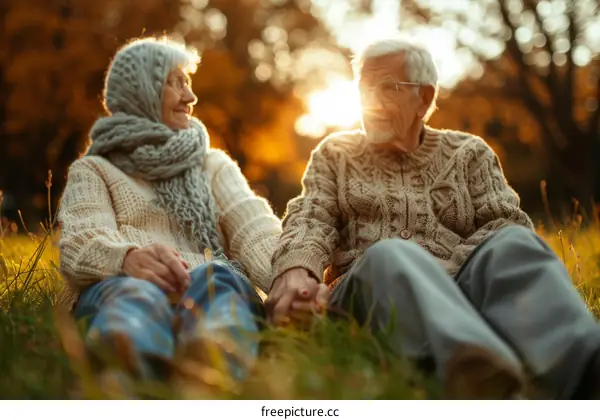 Elderly couple sitting on the grass in the park