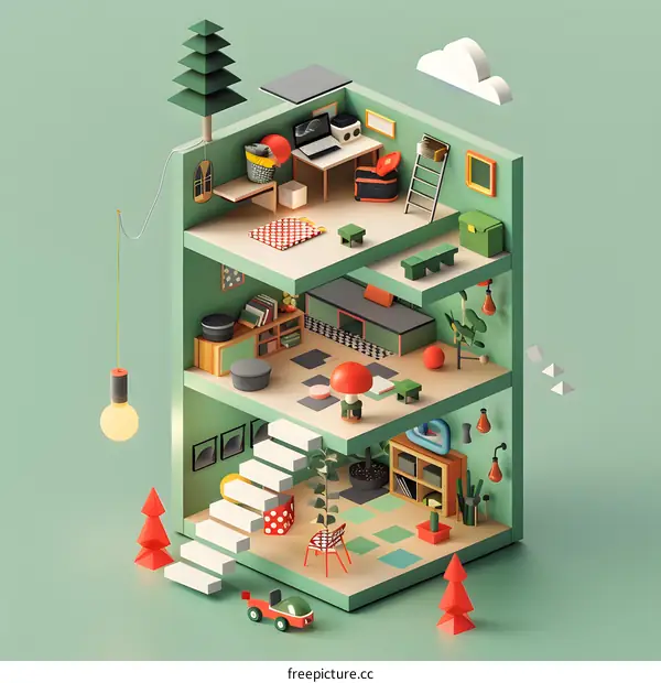 Modern Isometric 3D Illustration of a Home Interior with Colorful Furniture and Objects