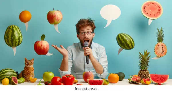 Man Singing into Microphone Surrounded by Fruit