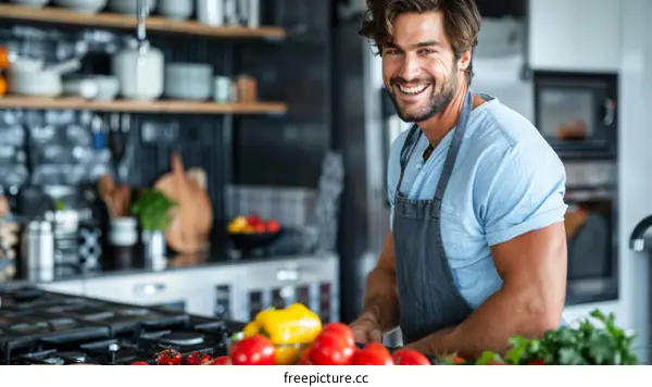 Handsome young man cooking in the kitchen