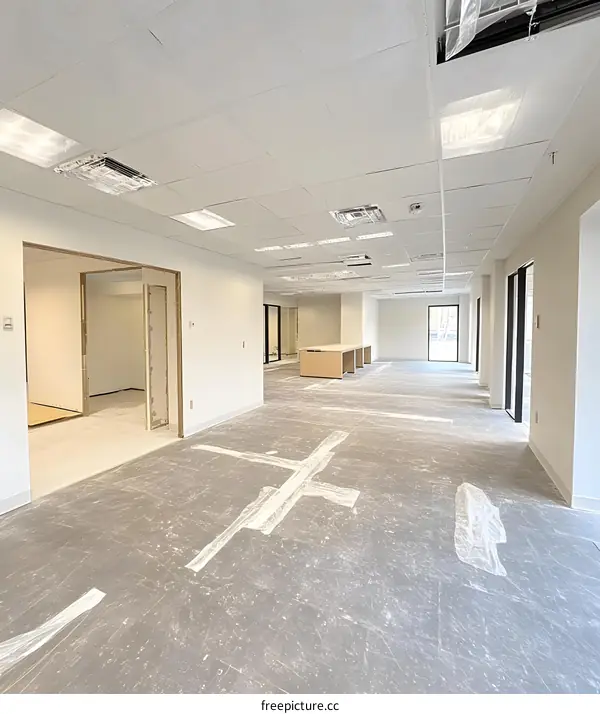 Empty Office Space With White Walls And Grey Floor