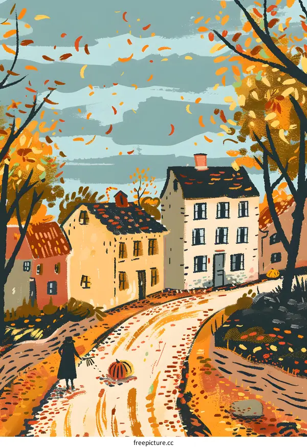 Autumn Village Illustration with a Woman Walking Down a Road