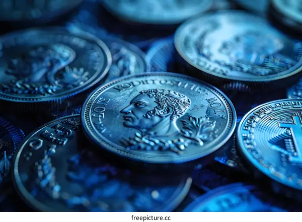 A pile of silver coins with a portrait of a man on them.