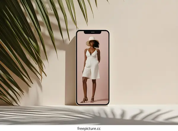 Woman in a White Dress on a Phone Screen with Palm Leaves