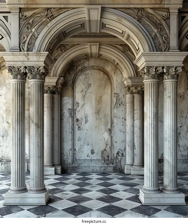 Black and White Baroque Arcade with Checkered Floor