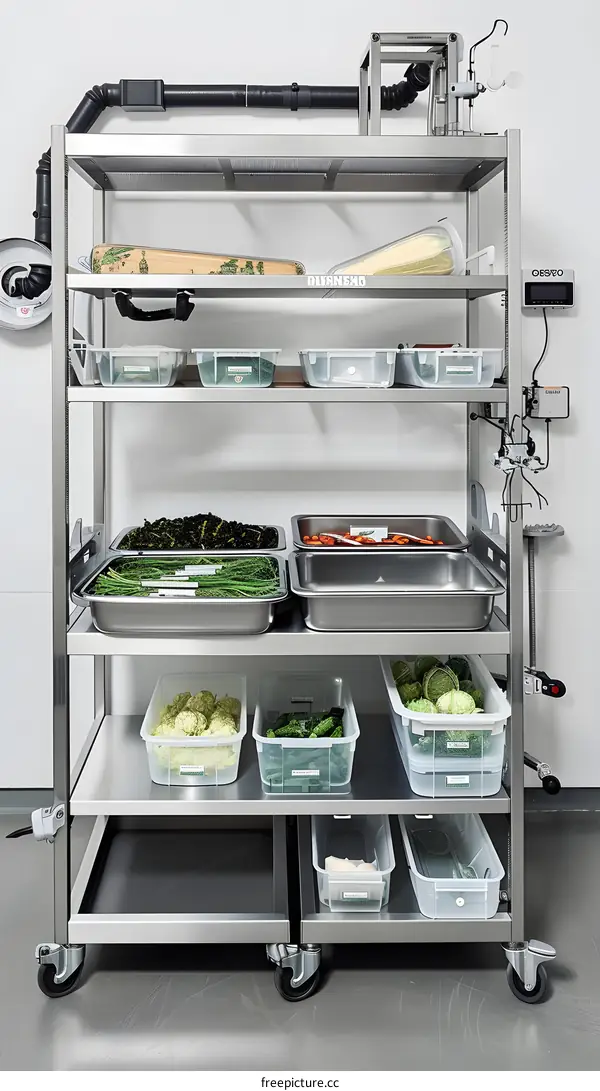 Stainless Steel Shelving Unit with Vegetables in Clear Containers