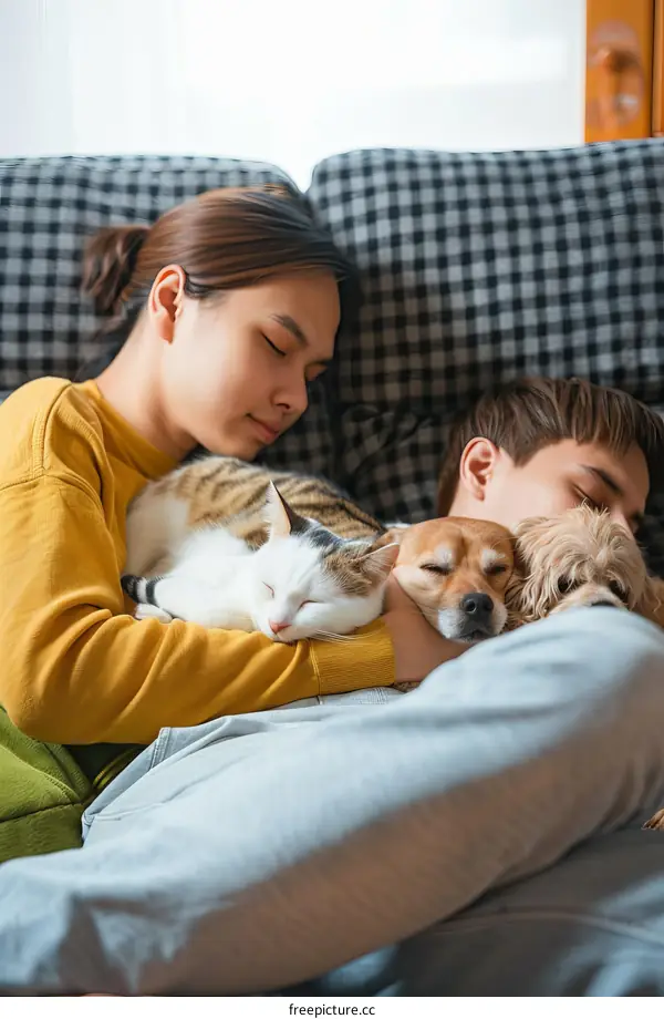 A young couple sleeping on the couch with their cat and dog