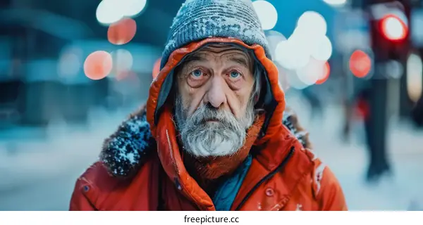 Portrait of a Homeless Man in the Cold