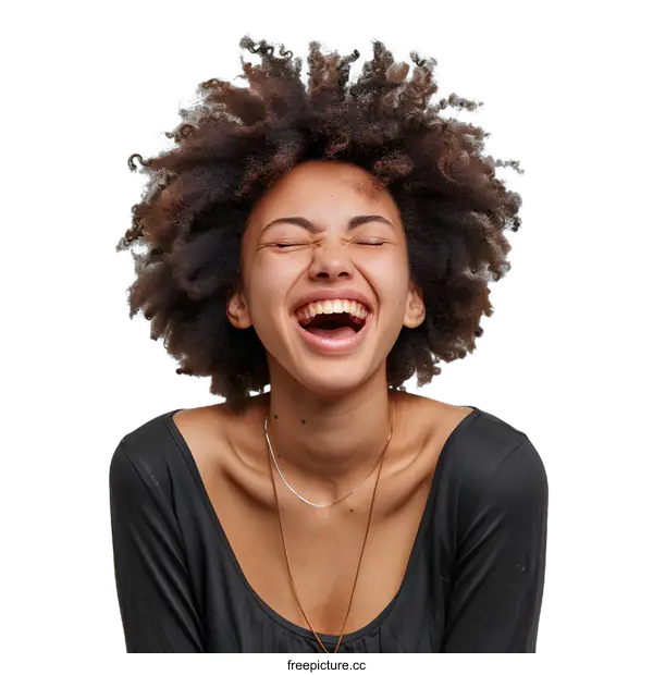 [Transparent Background PNG]Happy Woman with Afro Hair Laughing Portrait