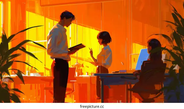 Illustration of a man and woman in an office discussing work