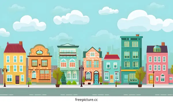 Colorful Cartoon Cityscape Illustration With Row of Houses