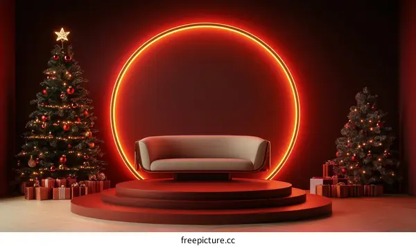 Christmas Scene with Neon Circle and Sofa
