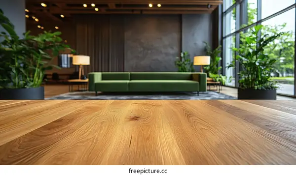 Modern Office Lobby with Wooden Tabletop