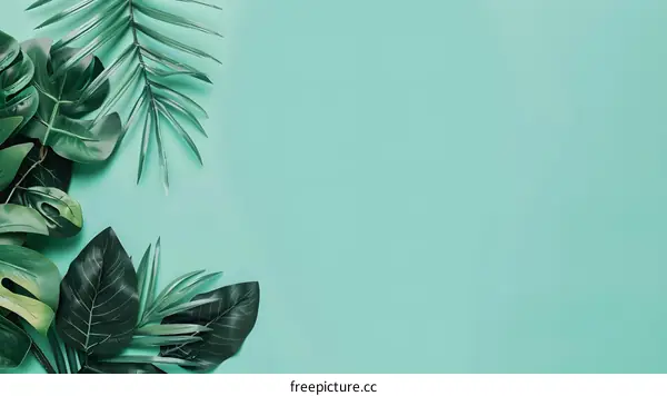 Green Leaves on Teal Background